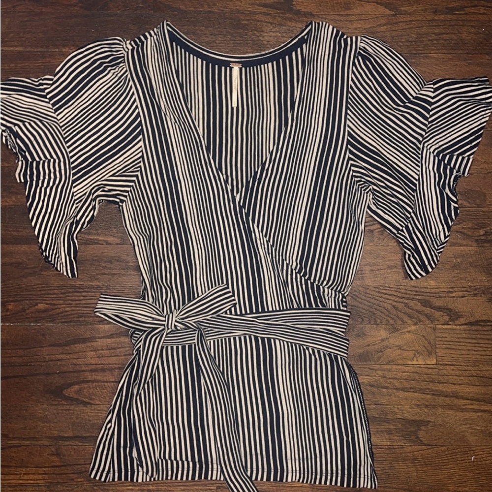 Free People black and White Striped Wrap Blouse